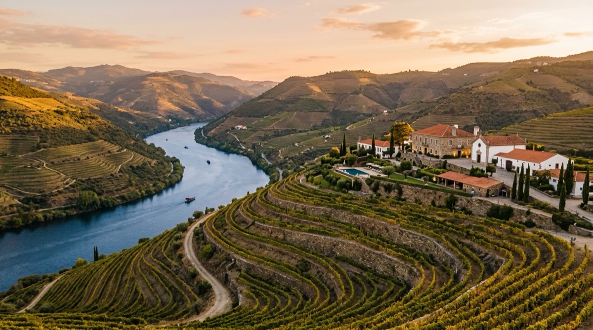 Vinhedos em terraços no Vale do Douro em Portugal