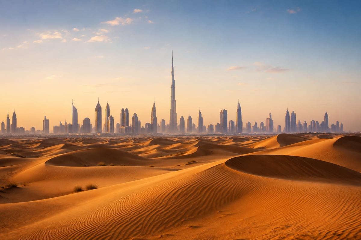 Cena ilustrativa de dunas douradas com a cidade de Dubai e o Burj Khalifa ao fundo