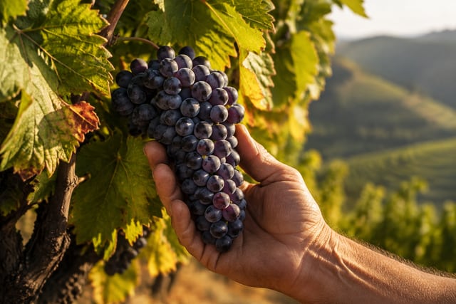 Cena ilustrativa de uvas colhidas em um vinhedo inspirado no Douro, Portugal