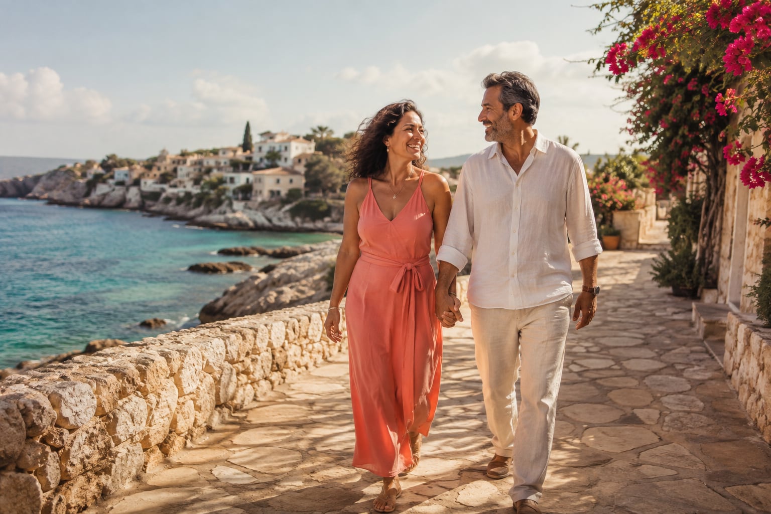 Cena ilustrativa de um casal caminhando junto ao mar, entre flores e luz de verão