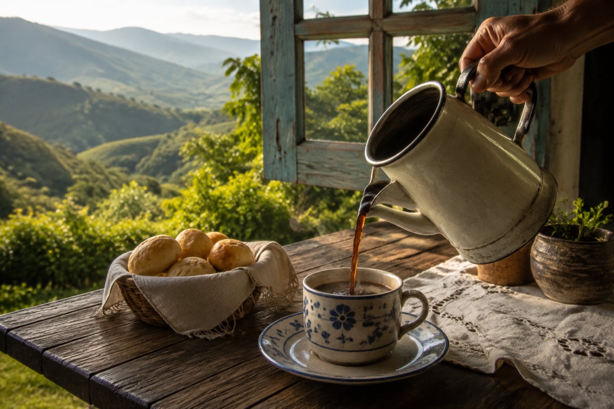 Cena ilustrativa de café servido com pão de queijo diante das montanhas de Minas