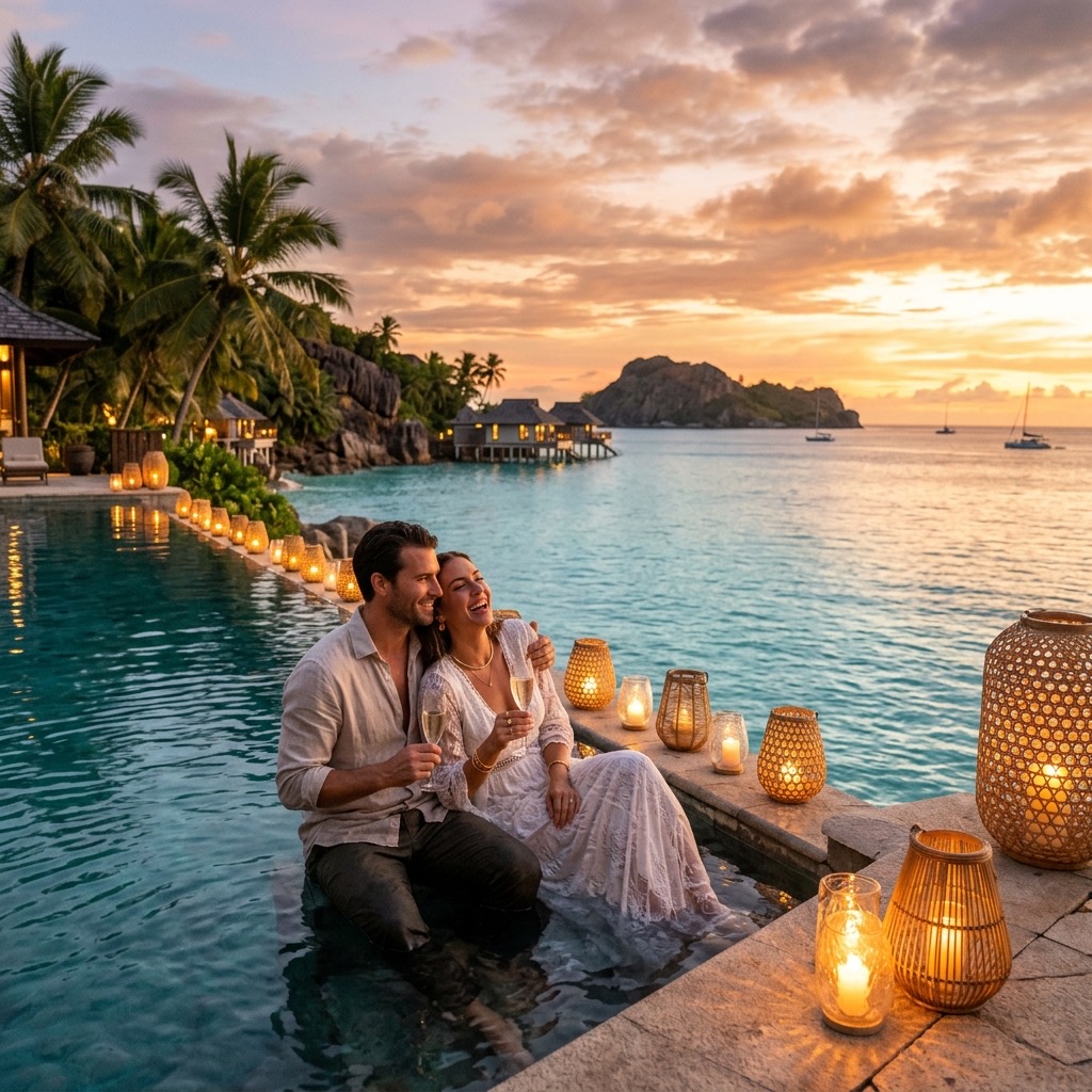 Casal celebrando uma viagem romântica à beira-mar