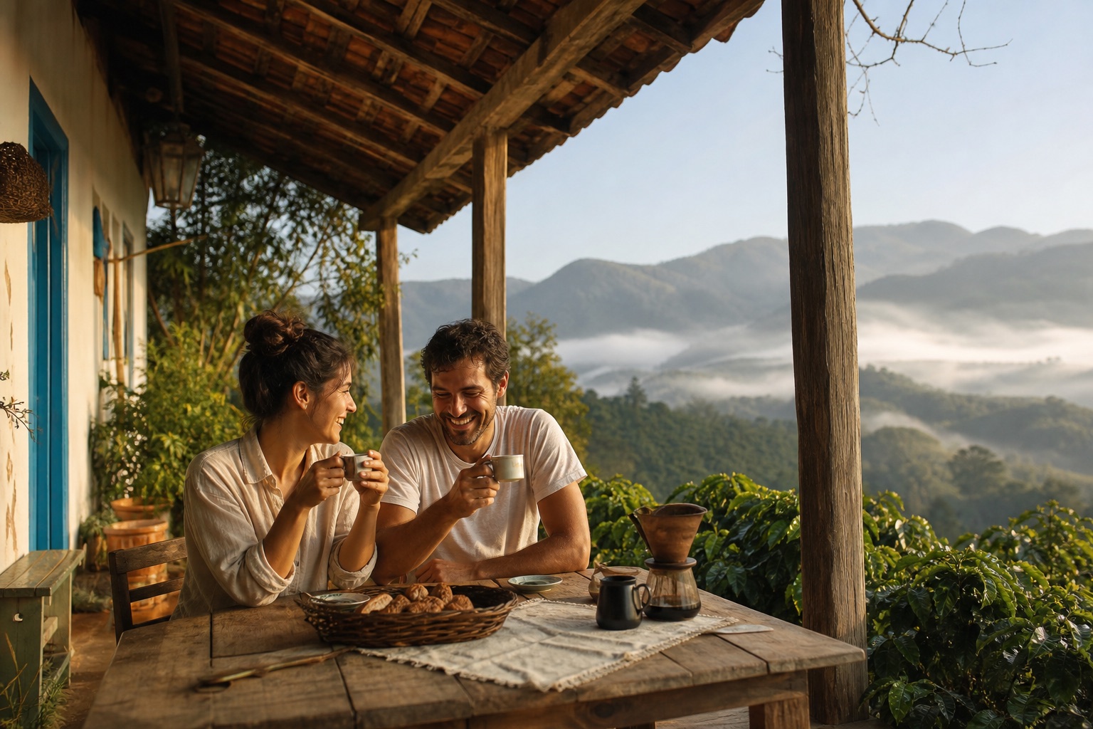 Casal tomando café especial na Serra da Mantiqueira